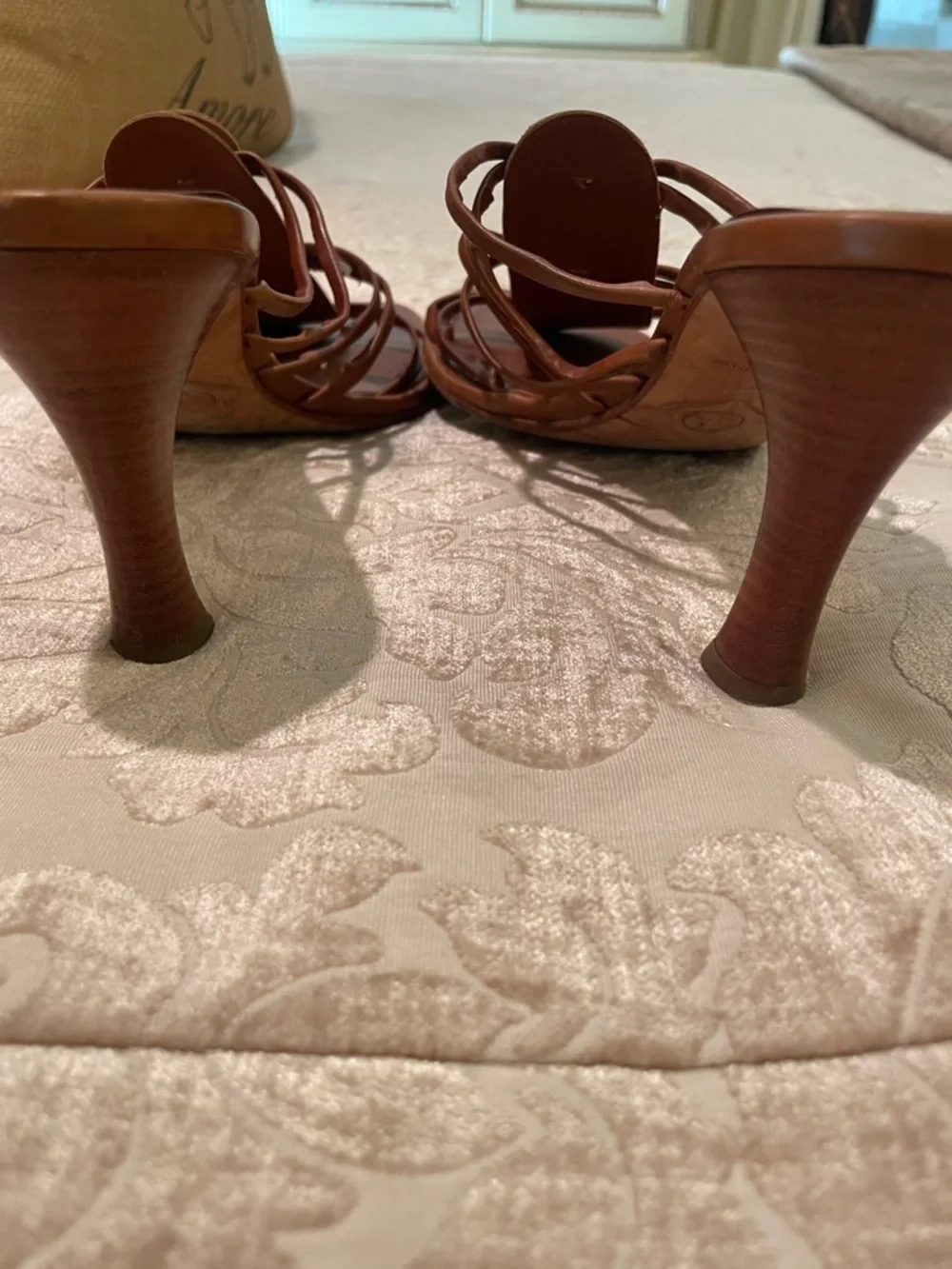 CHANEL Brown Leather Strappy Slide Heels with Decorative Buttons